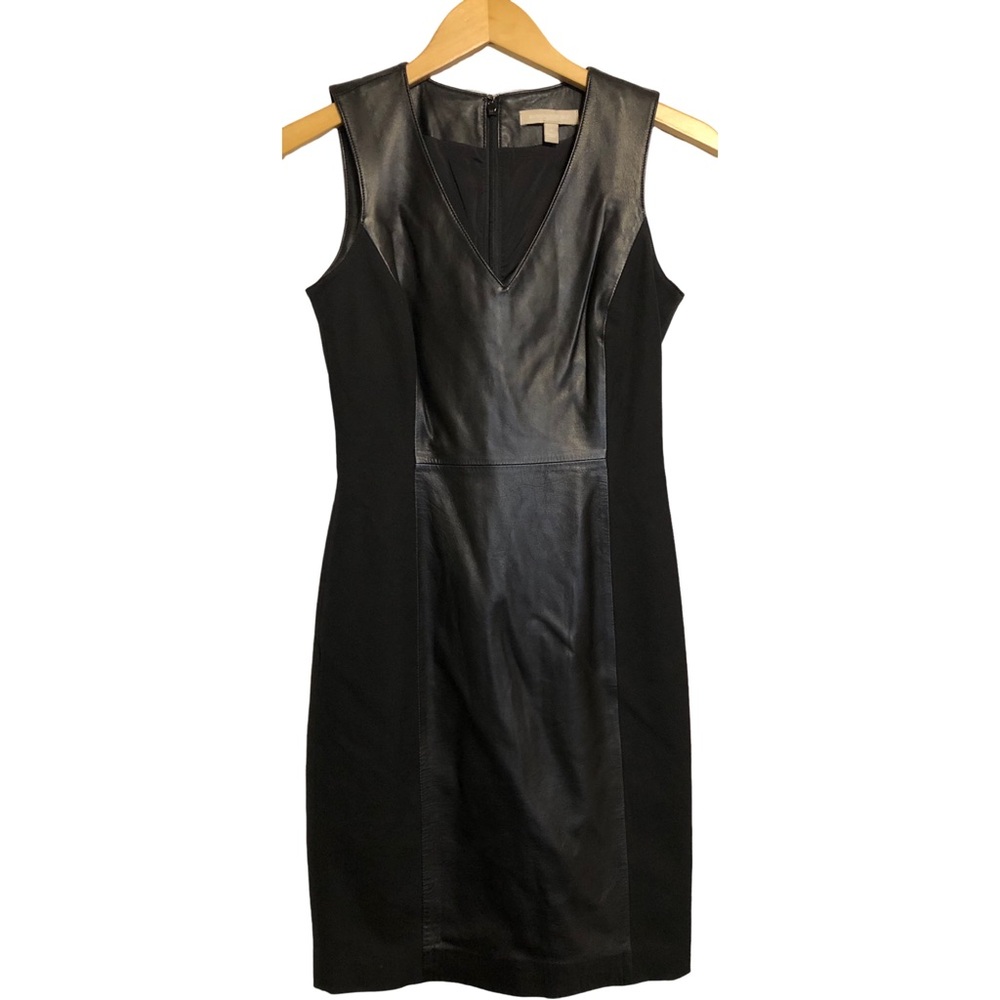 Banana Republic Womens Black V Neck Leather Sheath Sleeveless Lined Dress 0